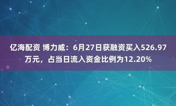 亿海配资 博力威：6月27日获融资买入526.97万元，占当日流入资金比例为12.20%
